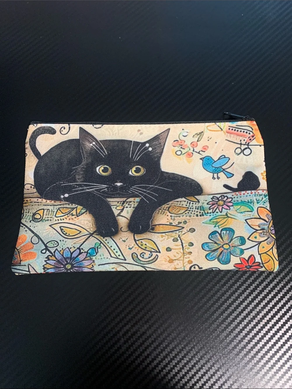 Black Cat Floral Canvas Zipper Pouch